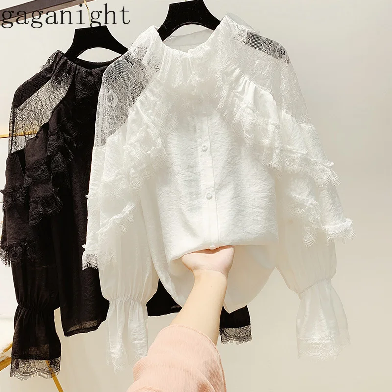 Gaganight Black Lace Patchwork Blouse Women Fashion Korean White Shirt Office Lady Loose Spring Summer Slim Blouses Female Blusa |
