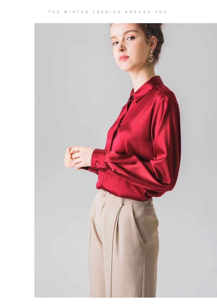 Женская блузка 95% шелк 5% спандекс, Шелковый сатин однотонная блуза на пуговицах Рубашка с длинными рукавами офисные женские блузки осень зима рубашка