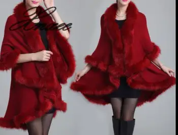 

2020 autumn and winter new women's temperament large size knitted double layer cardigan imitation fox fur grass shawl cloak