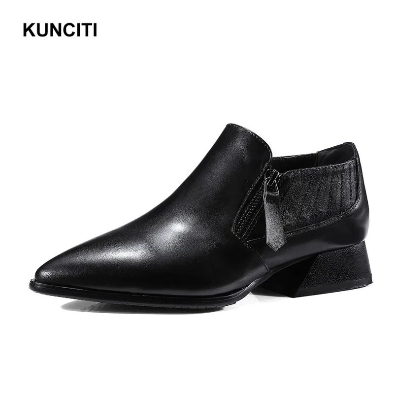 KUNCITI Women's Basic Pumps Pointed Toe Ladies Casual Shoes Retro Vintage Western Comfortable Pumps Zipper Up Med Heels Newest