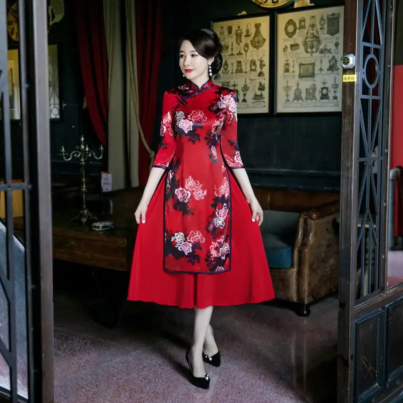 M-5XL AO Dai женское длинное платье Cheongsam в винтажном китайском стиле, воротник-стойка, платье из искусственного шелка, Qipao, тонкое вечернее платье на пуговицах, Vestido - Цвет: Красный