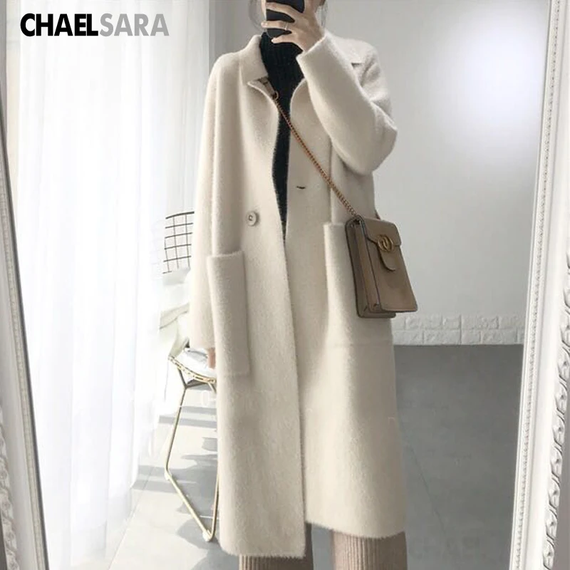 

Women's Thick Faux Mink Cashmere Knitted Cardigan, Elegant Warm Long Knit Sweater, Korean Style Outerwear, Autumn, Winter, 2024