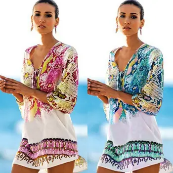 

NEW Women Casual Floral Loose Boho Beach Chiffon Beach Wear Women Swimsuit Cover Up Summer Mini Dress Loose Cover Ups
