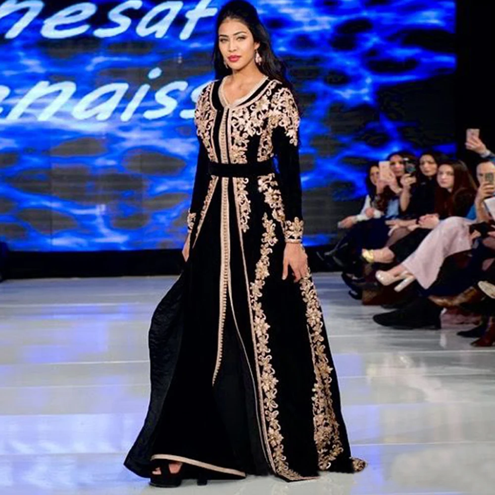 

New Black Velvet Moroccan Kaftan Evening Dresses Long Golden Appliques Saudi Arabic Muslim Special Occasion Custom