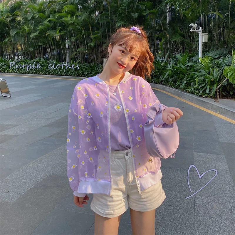 2020 New Korean Style Loose Flower Printed Thin Jacket Sunscreen Women Long Sleeve Casual Sunscreen Jacket Veste Femme