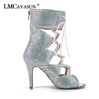 

LMCAVASUN Women Crystal Ankle Boots Open Toe Lace up Exquisite Colorized Rhinestone Booties Extremely High Heels Wedding Shoes