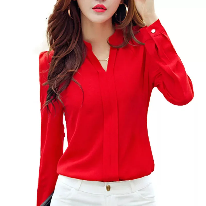 Camisa de manga larga para mujer, ropa de otoño, blusa de chifón ajustada a la moda con cuello en V, camisas de oficina para mujer de estilo coreano elegante, color blanco y rojo K15