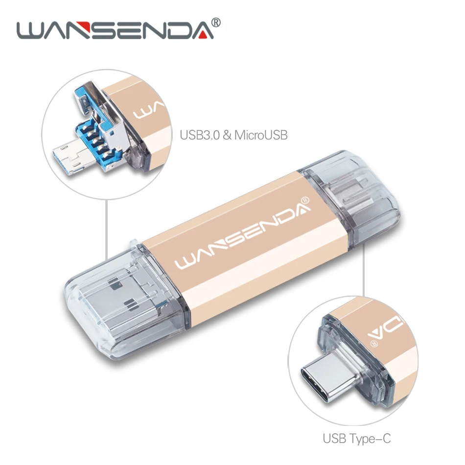 WANSENDA OTG USB флеш-накопитель 3 в 1 USB3.0& Тип type-C и Micro USB флэш-накопитель 512 ГБ 256 ГБ 128 Гб 64 Гб оперативной памяти, 32 Гб встроенной памяти USB флешки на флэшке - Цвет: Золотой