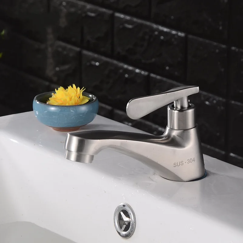 

New Style 304 Stainless Steel Wash Basin Single Cold Faucet Bathroom Stage Brushed Counter Basin Tap Single Bore Cold Leading