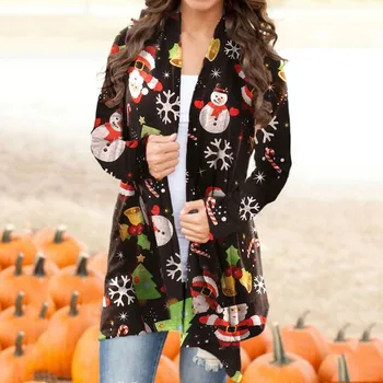 

Hot Woman Jackets Christmas Snowman Open Front Long Sleeve Loose Flowy Hem Cardigan Coat Female Long Tops Outwear Overcoat