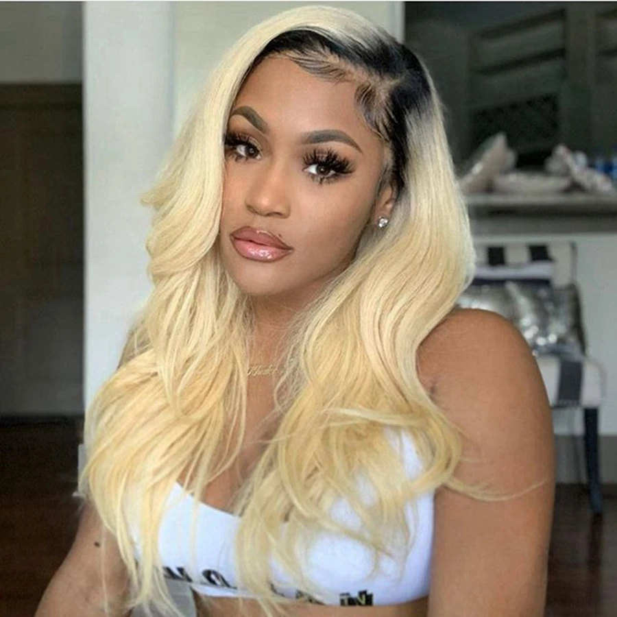 

1Bt613 Blonde U Part Ombre Colored Silk Base Lace Front Wig Remy Brazilian Hair Body Wave Pre Plucked Full Lace Human Hair Wigs