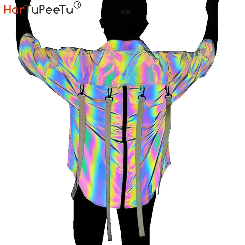 

Reflective Light Blouse Men Rainbow Casual Shirts Plus Size Back Long Zipper Detachable Colourful Ribbons Hip Hop Streetwear