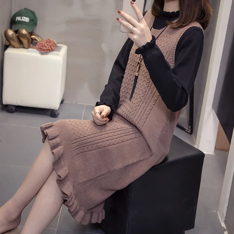 

Women 2020 Autumn Winter Sweater Vest Dress Two Piece Sets Female Elegant Solid Color Suit Loose Casual Knitted Dress Suit N300