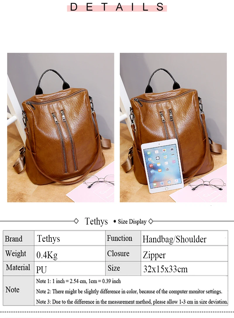 TETHYS Bags for Women Designer Backpacks Women High Quality PU Leather Backpack Large Capacity Travel Backpack Mochila Mujer