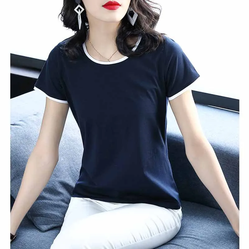 

2019 Summer Wear New Style Dark Blue Tops Elegant Versatile Slim Fit Large Size Cotton T-shirt Women's Fashion Short Sleeve Kore