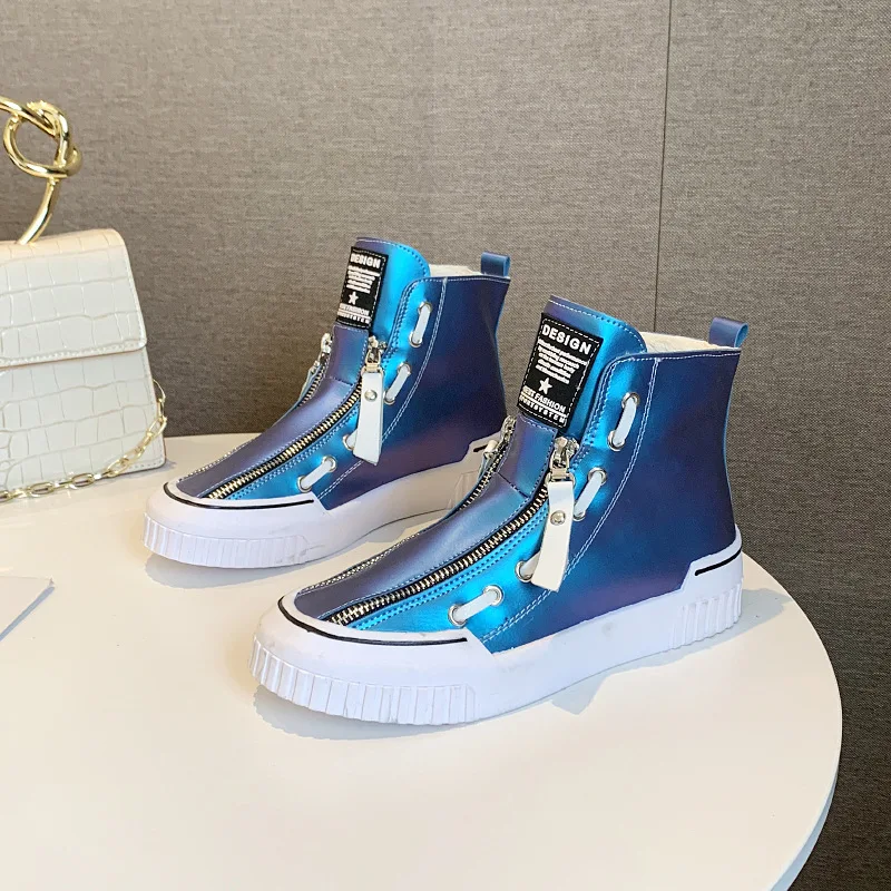 Winter Glitter Color Women High-top PU Sneakers Female Sports Skateboarding Shoes Zipper Plus Velvet Shoes Boots Wild Sneakers