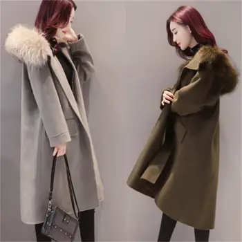 

High quality Winter Coat Women 2018 New Fashion Slim Big Fur Collar Womens Wool Blended Hot Sale