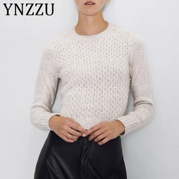 

YNZZU Beading Pearls Wool Women's Sweater Elegant Solid Winter Knitted Female Tops Pullover pull femme novelty 2019 AT405