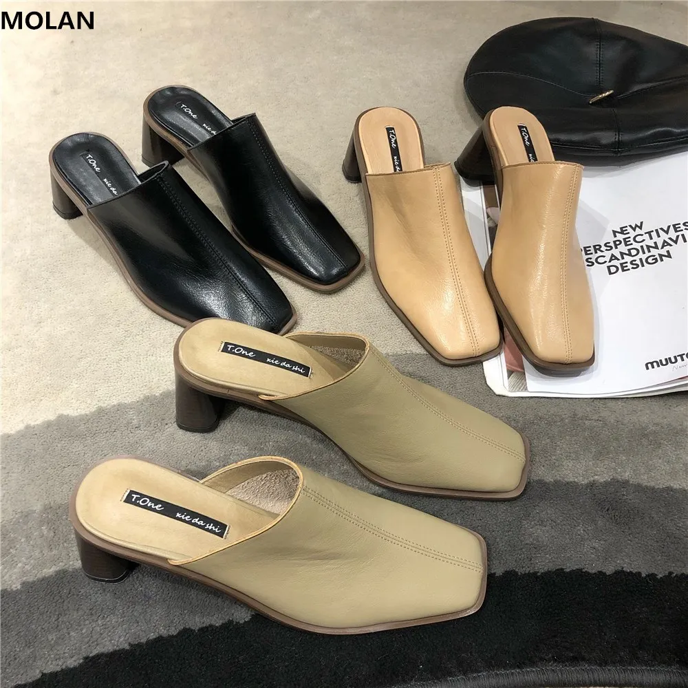 

MOLAN Brand Designers 2020 Spring New Luxury Real Leather Square Toe High Heels Ladies Pumps Slip On Loafers Mules Flip Flops