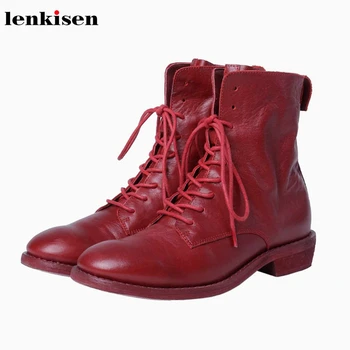 

Lenkisen British school lace up boots genuine leather solid med heels round toe punk fashion winter warm women ankle boots L89