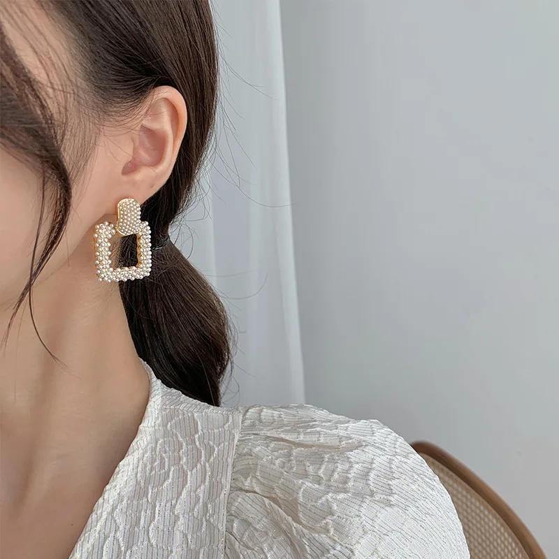 Drop Earrings Fashion Sweet Pearl Joker Senior Drop Earrings Elegant Contracted Geometric Square Senior Women
