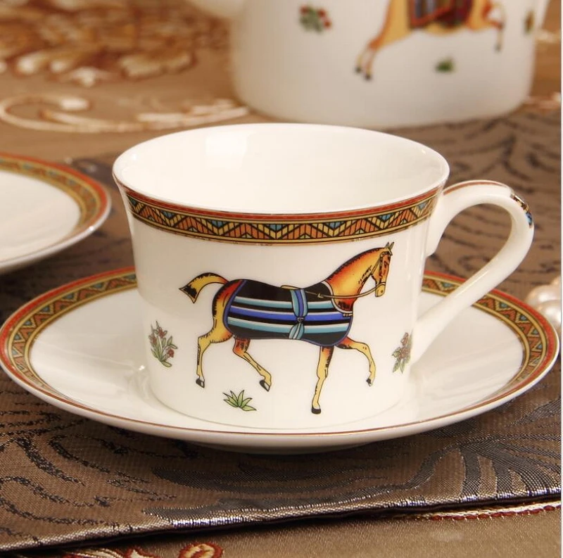 Description Picture 2 of itemHorse Design Porcelain Coffee Cup & Saucer Set Bone China Coffee Sets Glasses Gold Outline Tea Cups
