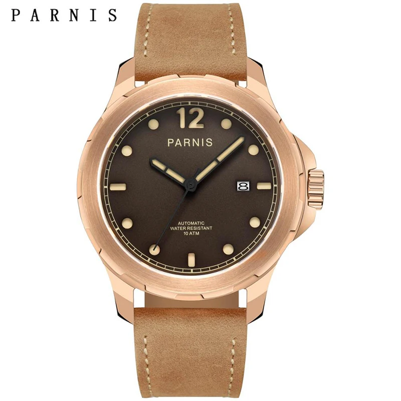 

Parnis 44mm Mens Mechanical Watches Military Watch Men Automatic Wrist Watch Sapphire Auto Date Brown Genuine Leather Watchband