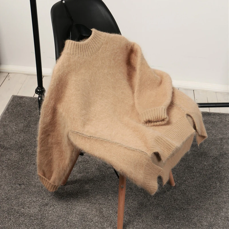 khaki sweater Fionto, норка, кашемир, морской конский волос, водолазка, Зимний вязаный свитер, женский свободный пуловер, Женский мягкий теплый осенний Повседневный джемпер - Цвет: khaki sweater
