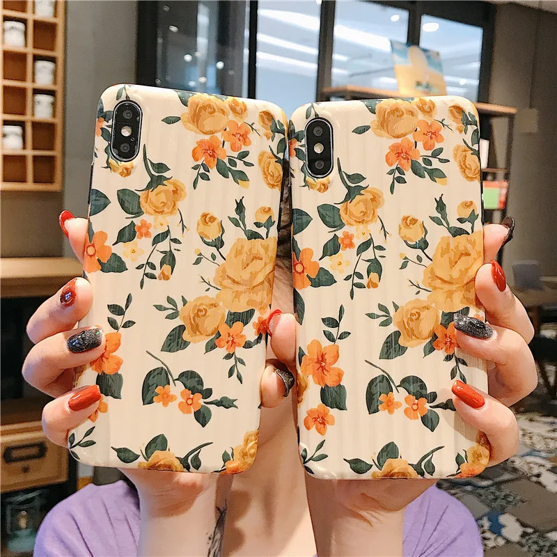 Applicable Travel Lugguge Literature And Art Retro Yellow Flower iPhone x s max Phone Case iPhone 8 Plus/7/ X/x r Soft