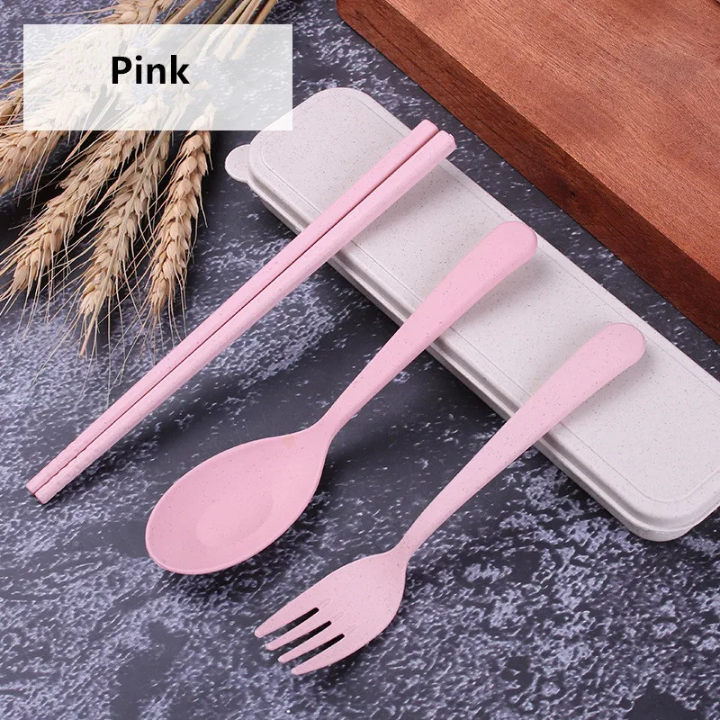 Pink 4 шт./компл. портативный многоразовый Ложка Вилка открытый набор столовых приборов для путешествий вилка ложка палочки для еды набор приборов из пшеничной соломы набор столовых приборов - Цвет: Pink