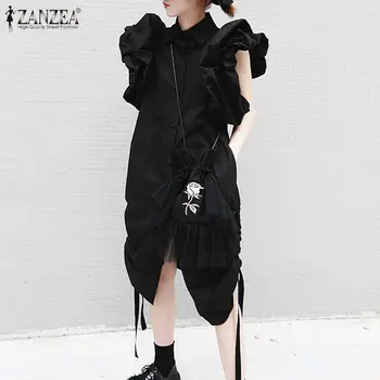 

2020 Fashion Shirt Dress Summer Party Ruffles Sundress ZANZEA Women Casual Solid Lapel Short Butterfly Sleeve Vestidos Female