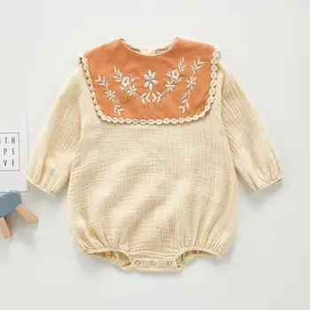 

2020 Autumn Newborn Infant Baby Girl Cotton Linen Solid Color Bodysuit Outfits Embroidery Flower Girls Jumpsuit