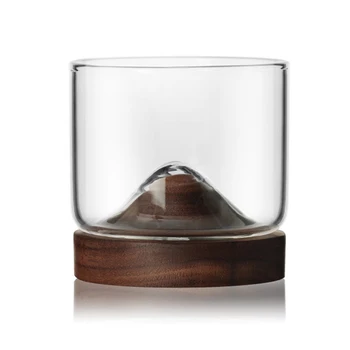 

New Whiskey Glass Small Glass Japanese Style Mountain Wooden Bottom Wine Glass Originality Creative Thickening Glass Walnut
