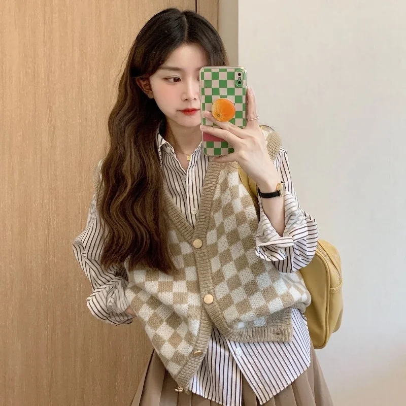 Cmaz Early Autumn Fashion Suit Korean Style Chessboard Plaid Knitted Vest Cardigan Sweater Bandage Dress Striped Shirt Two-piece | Женская