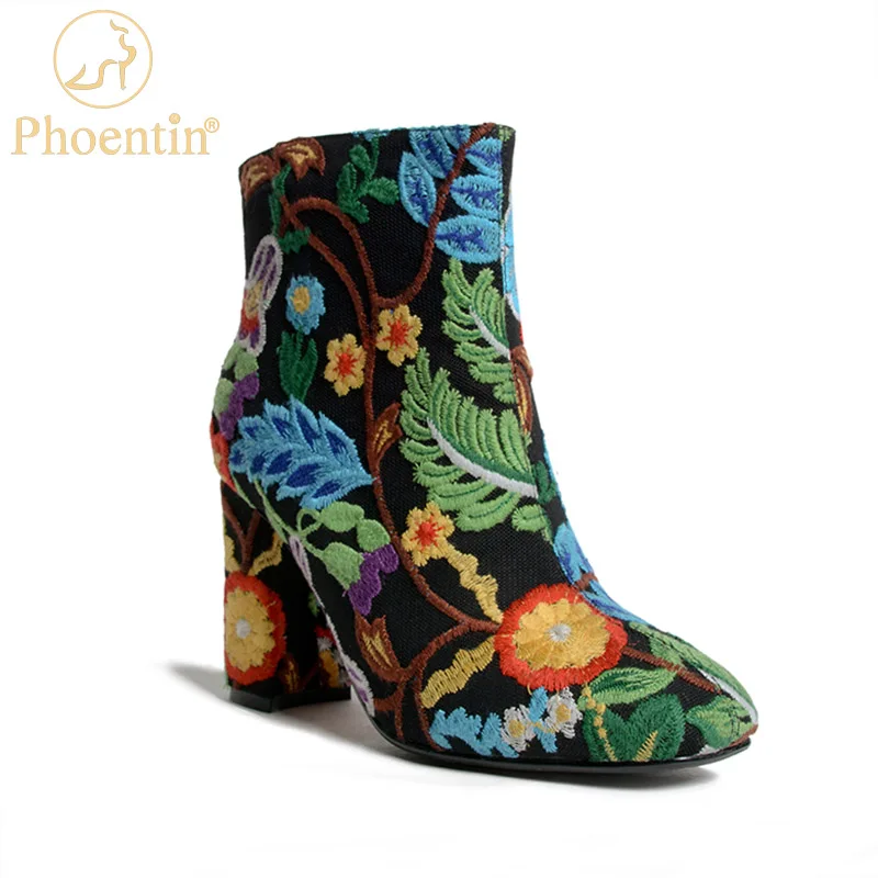 Phoentin flower enbroider ankle boots women's high-heeled shoes 2020 new arrival boots femmes shoe woman boot zip size 43 FT1083