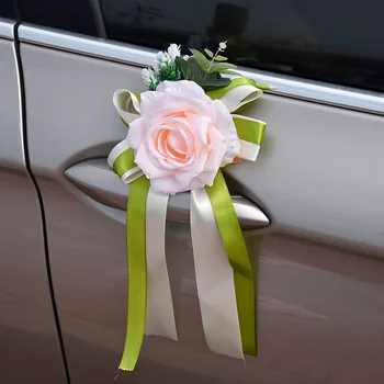 

6pcs Wedding Bride and Groom Cars Decoration Artificial Flower for Door Handles Car Rearview Mirror Flower Ribbon Decorations