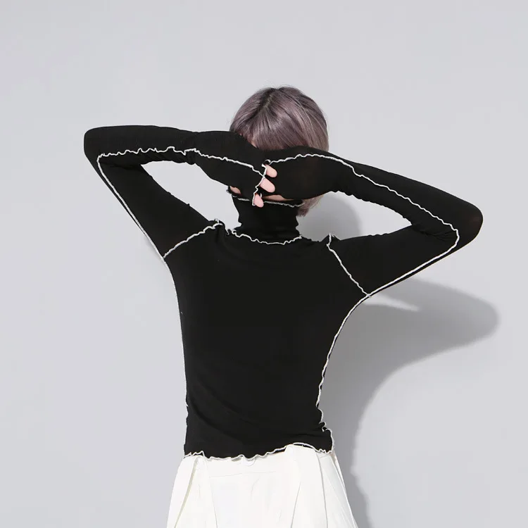 2020 New Autumn Winter High Collar Long Sleeve Solid Color Black Reffles Split Joint Loose T-shirt Women Fashion Tide | Женская одежда