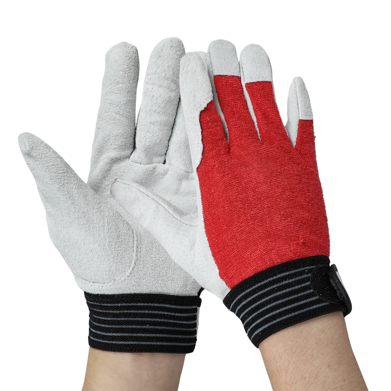 QIANGLEAF 3PCS Mens Work Gloves Safety Protective Leather Camouflage Cloth Tactics Red Safety Glove Wear Resistant Non-slip 508R