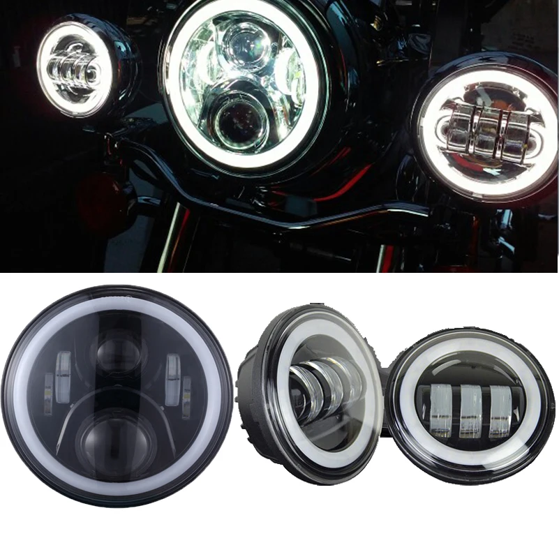 7 ''светодиодный головной светильник для мотоцикла H4 Phare Farol Moto лампа для Harley светильник Electra Glide Softail Fat Boy Touring 4,5 дюймов противотуманный светильник s - Цвет: 60W halo set Black