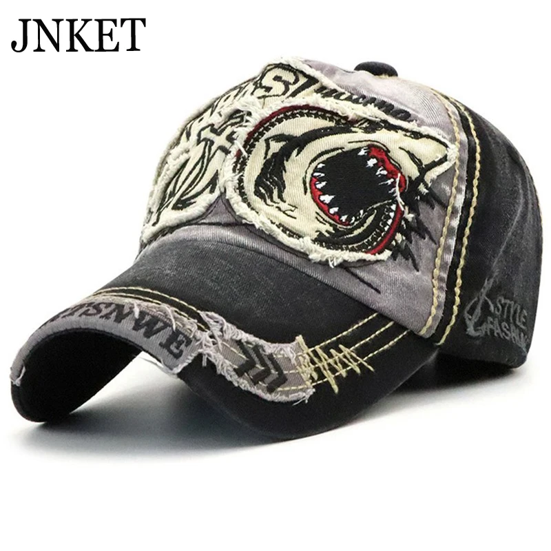 

JNKET Shark Applique Embroidery Baseball Cap Unisex Washed Fabric Snapbacks Hats Hip Hop Cap Outdoor Sports Cap Gorras