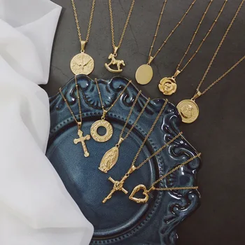 

Amaiyllis 18k gold heart cross horse coin necklace pendants Sweater chain Clavicle necklace Vintage Jewelry For Women Girls