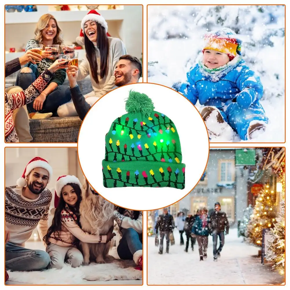 LED Light Up Christmas Hat Christmas Knitted Beanie Hat Party Warmer Cap For Kids Adults