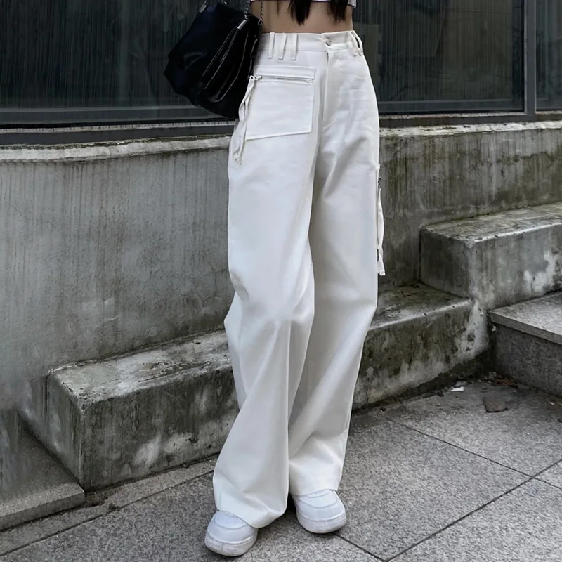Pantalones vaqueros informales Y2K para mujer, Vaqueros holgados con bolsillos cremallera, ropa de calle, tendencia femenina|Pantalones AliExpress