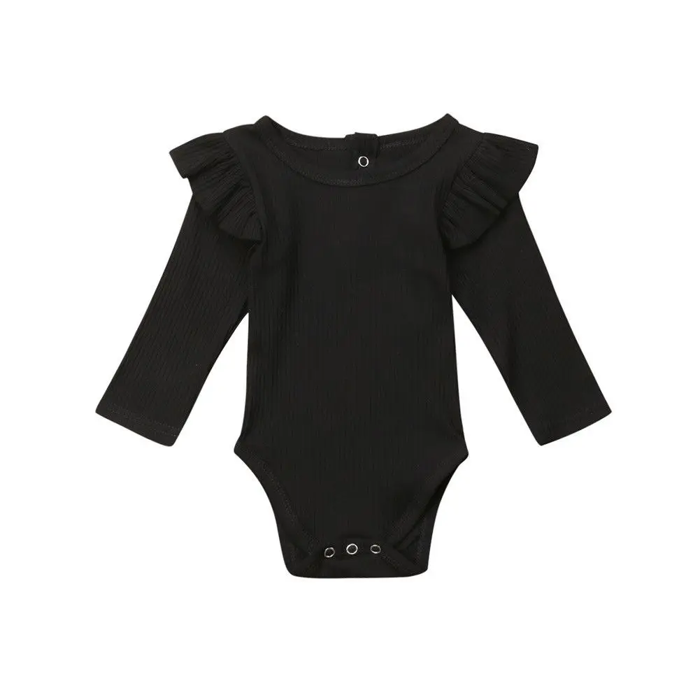 Осенне-зимняя одежда для новорожденных вязаные Комбинезоны для маленьких девочек Теплый боди с оборками комбинезон с длинными рукавами для детей от 0 до 2 лет - Цвет: Черный