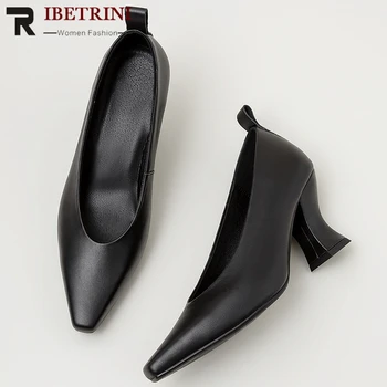 

RIBETRINI Female Spring Quality Genuine Leather Shoes Woman Fashion slip-on Pointed Toe Pumps Women High Strange Heels Pumps