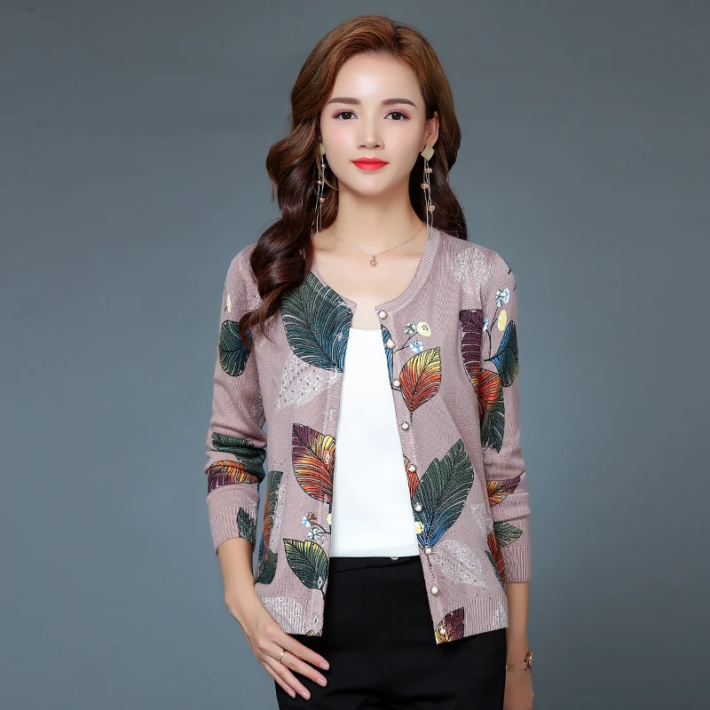

Женский свитер кардиган элегантный цветочный трикотаж с принтом женский с длинным рукавом Вязанное пальто свитер пуговицы