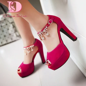 

Dora Tasia 2020 New Fashion Plus Size 47 Flock Women Sandal Platform Square Heel Metal Decoration Pump Summer Casual Woman Shoes