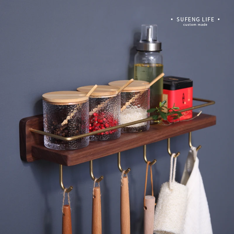  Kitchen Multi-function Racks Brass and Black Walnut Wood Seasoning Storage Rack Wall Hanging Corner - 4000299126858