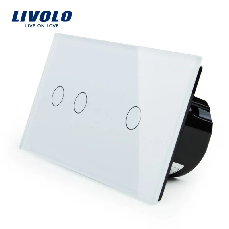 Livolo Touch Switch 2Gang Left+1Gang Right White Crystal Glass PanelWall Light Switch+LED Indicator VL-C702-11/VL-C701-11