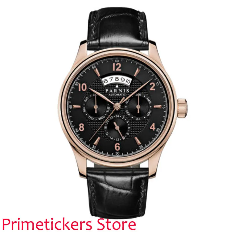 

Rose golden plated case 42mm parnis black dial date 26 jewels automatic mens Watch